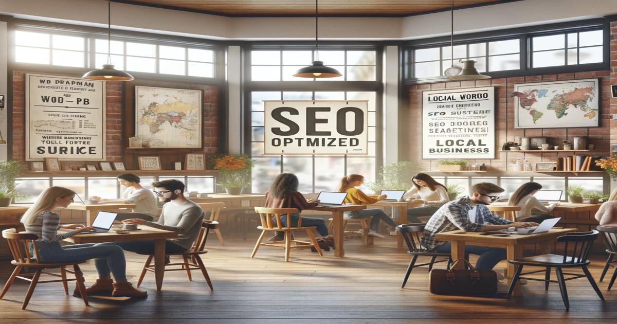 A bustling workplace with local experts at wooden tables using laptops, surrounded by large windows and walls adorned with maps and SEO strategies related posters.