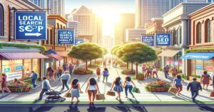 Illustration of a bustling street scene in a city with people walking and numerous signs displaying "Local SEO Near Me." The scene is colorful, highlighting various businesses and a vibrant urban environment.