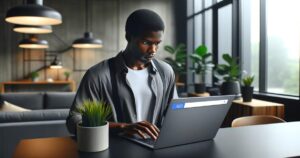 A focused young black man, one of the best SEO experts, works on his laptop in a modern office with large windows and plants, displaying an SEO screen.