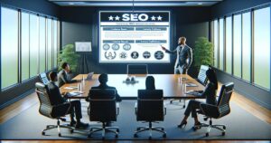 A professional business meeting in a modern conference room with a large SEO performance dashboard on the screen, a man presenting, and three SEO experts listening.