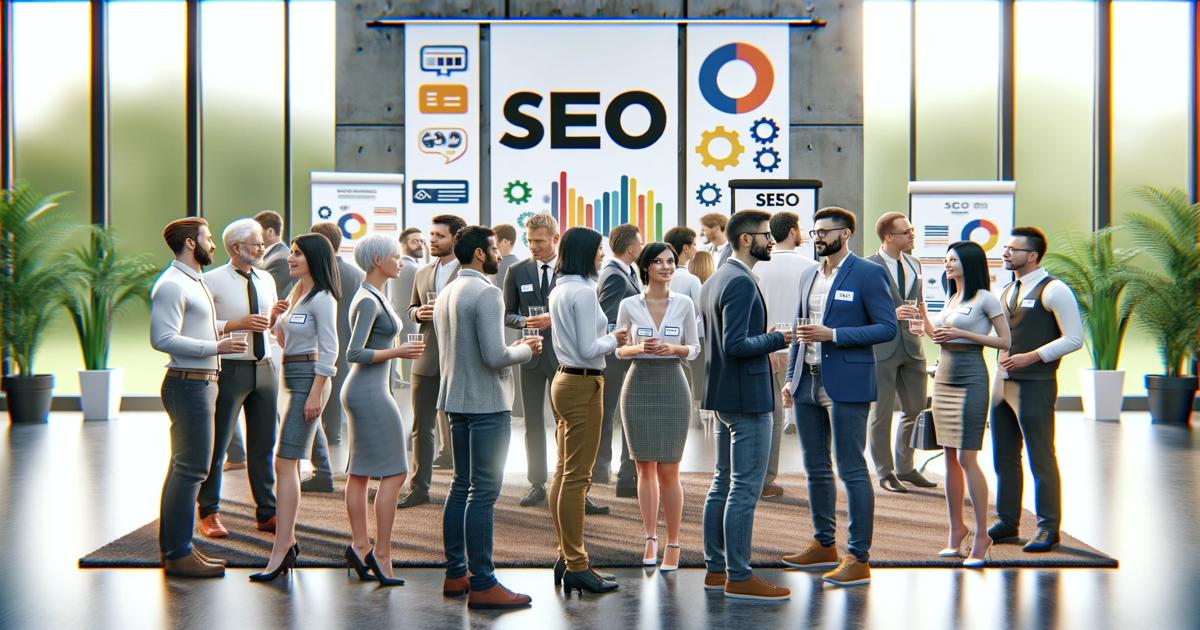 A group of professionals networking at an SEO conference, standing around informational stands displaying SEO-related charts and icons. These are some of the best SEO experts gathering to share top tips and insights in the field.