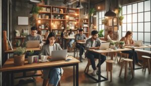 A modern, cozy co-working space filled with young adults working on laptops, focusing on marketing analytics. The room features rustic decor with plants, books on shelves, and large windows allowing natural light.