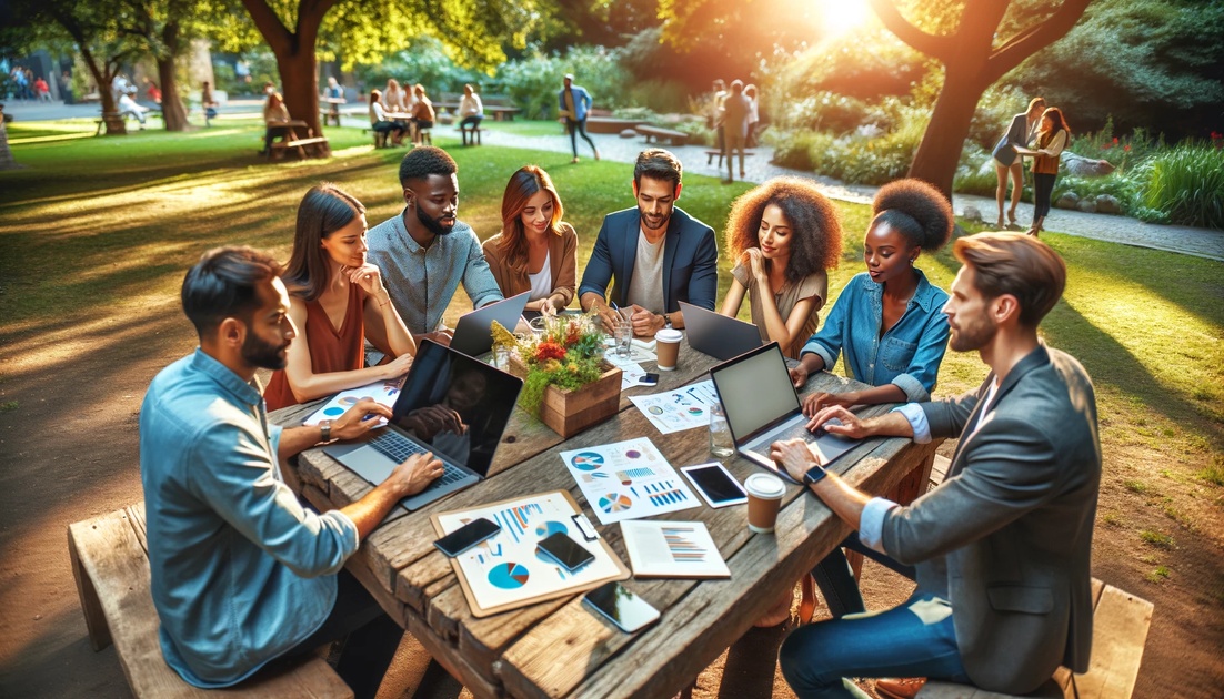 A diverse group of young adults engaging in a meeting outdoors at a wooden table, using laptops and reviewing marketing analytics documents, surrounded by a lush park setting.