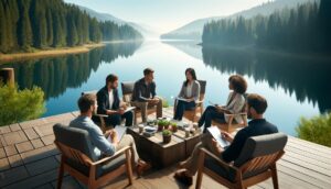 A group of seven professionals in a serene outdoor meeting on a wooden deck by a tranquil lake, surrounded by lush forests under a clear blue sky, discussing long-term growth strategies.
