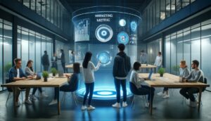 A futuristic office setting where a diverse group of professionals are engaged in a meeting around holographic displays of marketing analytics.