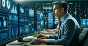 A man in a suit focuses intently on multiple computer monitors displaying the latest digital marketing trends and data analytics in a modern, dimly lit control room with a colleague visible in the background.