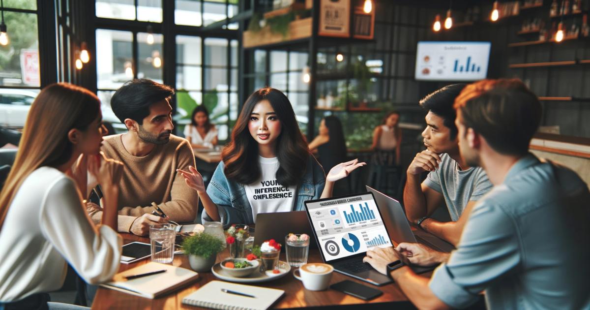 A diverse group of five young professionals engaged in a meeting at a cafe, discussing digital marketing trends and SEO for 2024, with laptops and documents on the table.