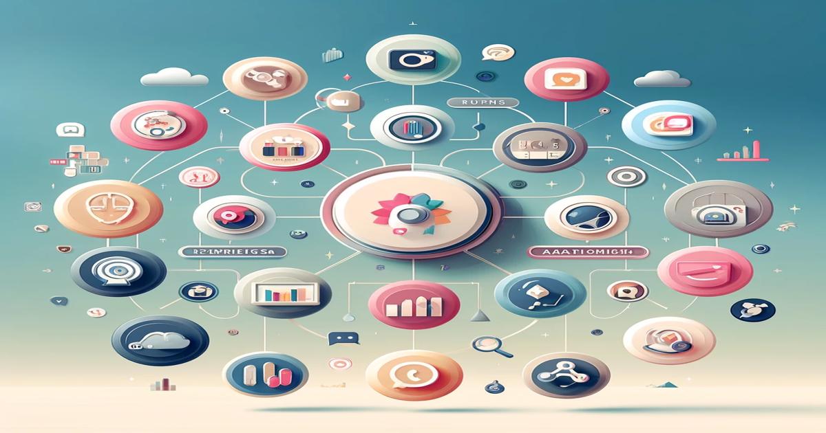 Illustration of a network of interconnected circular icons and apps floating in the sky, featuring various symbols like clouds, cameras, and charts, representing social media management tools in a stylized and colorful design.