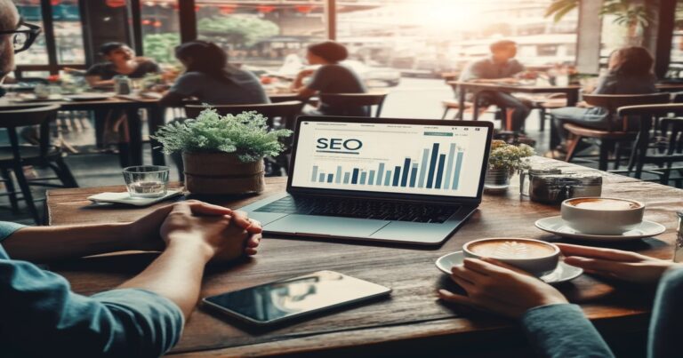 Two professionals collaborating over a cup of coffee in a cozy café, with a laptop screen displaying local SEO analytics in focus.