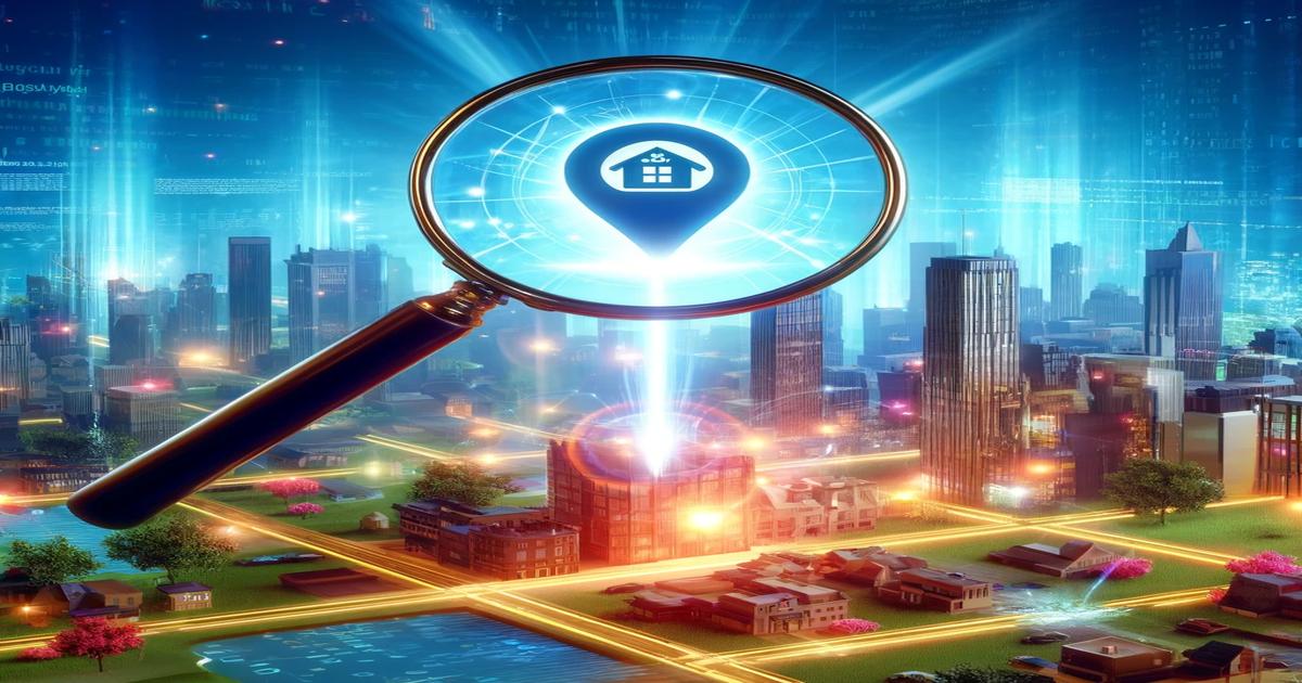 A magnifying glass focusing on a digital map pin with a house icon over a futuristic cityscape, symbolizing the search for smart home technology in an urban environment by the best SEO company.