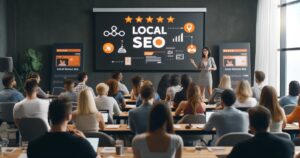 A woman presents a seminar on local SEO consulting services to a room full of attentive business professionals. The presentation includes graphics and data, displayed on screens behind her.