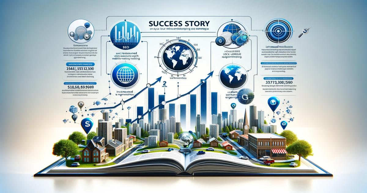 An open book displays a vibrant 3D cityscape with various top-rated SEO agencies, charts, and numerical data, illustrating a "success story" concept.