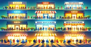 A colorful illustration of multiple storefronts with bright signs advertising "Local SEO Companies" and "seo success," bustling with activity as numerous people approach and enter, symbolizing a thriving market for search engine optimization