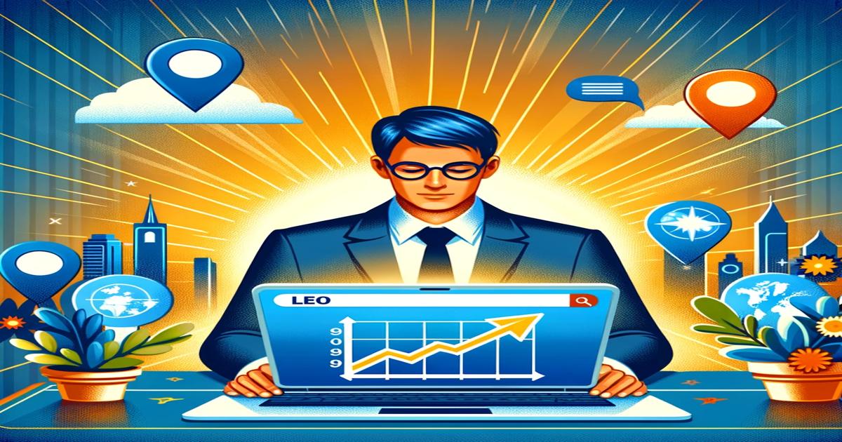 A stylized illustration of a businessperson using a laptop with graphs on the screen, surrounded by icons symbolizing digital communication and location markers from local SEO companies, set against a cityscape backdrop with a