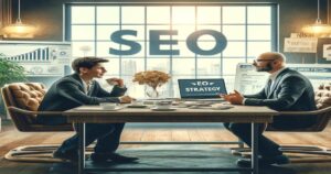 Two professionals discussing SEO strategy near me in a stylish office with a large window showcasing the term "SEO".