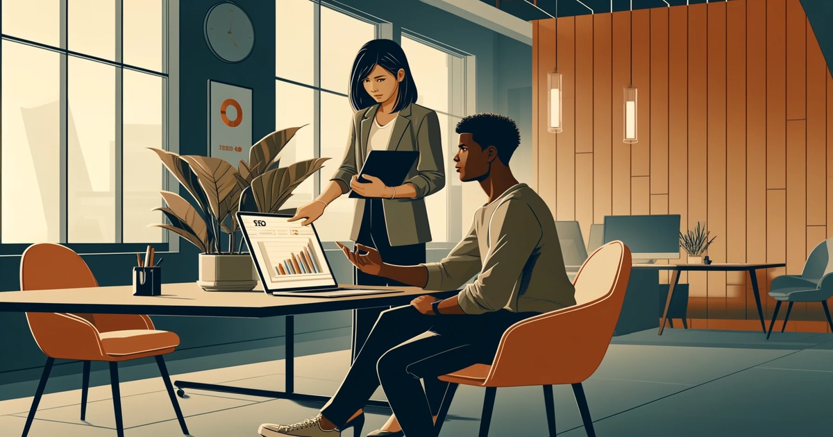 An illustration of two professionals in an office setting; a woman standing beside a seated man, showing him an SEO guide on a tablet as he examines charts on his laptop.