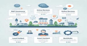 An infographic showcasing elements of local SEO strategy, including NAP (name, address, phone number) consistency, online reviews from Local SEO Companies near you, online listings, local content development, and engaging