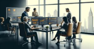 A group of business professionals have a meeting in a modern office with large windows overlooking a city. They are focused on digital displays showing data and charts related to SEO consulting services.