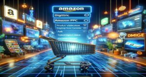 A neon-lit digital shopping concept with a symbolic shopping cart on a vibrant cyber pathway, evoking the futuristic Pay Per Click online shopping experience on platforms like Amazon.