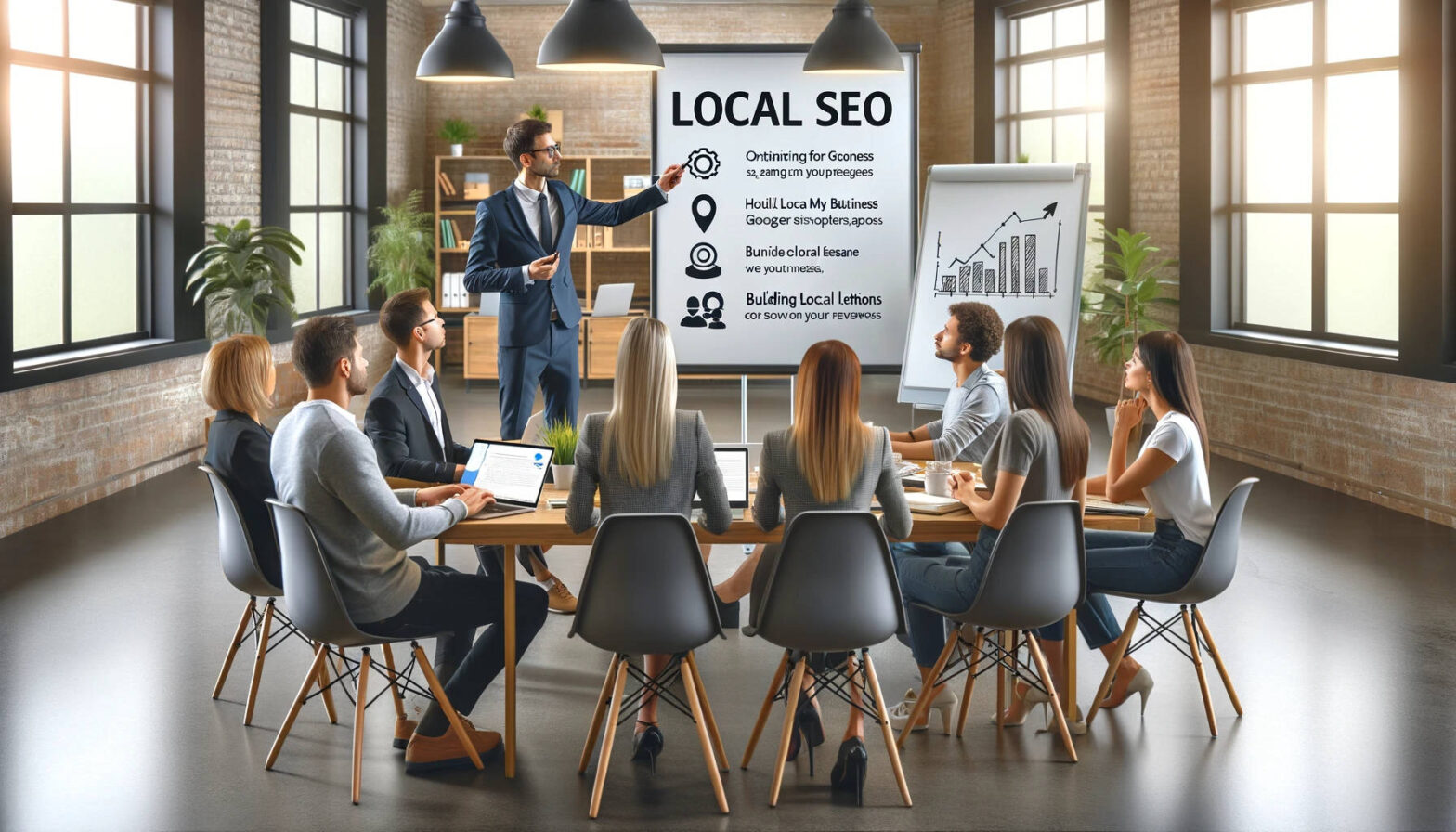 A group of professionals engaged in a presentation about top local SEO strategies in a modern conference room setting.