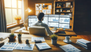 A professional working at a home office with multiple computer screens displaying various data analytics for Local SEO Services and business performance metrics.