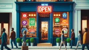 A bustling local storefront at dusk with a neon "we're open" sign, showcasing a vibrant display of various colorful badges and icons in the windows, attracting the attention of passersby.