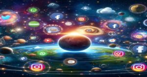 Navigating the galaxy of social media: a fantastical cosmic representation of various social networking platforms orbiting around a central planet, influenced by the gravitational pull of Pay Per Click advertising.