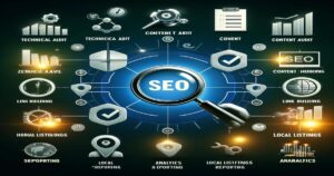 A conceptual graphic of various SEO (search engine optimization) elements with a magnifying glass focusing on the central "SEO" text, surrounded by interconnected icons representing different strategies and tools such as content audit,