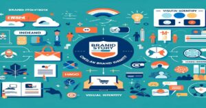 A vibrant infographic illustrating various elements of brand awareness and visual identity, including icons of devices, color palettes, graphs, and text boxes. Central text reads "Brand Story," and the background is teal with scattered colorful graphics.