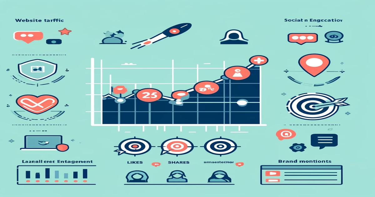 An infographic illustrating various digital marketing metrics and activities, including graphs and icons representing website traffic, social engagement, likes, shares, brand mentions, and user engagement. The design highlights brand awareness with a mix of charts, lines, and symbols.