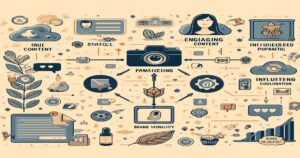 Illustration of a content creation and social media strategy diagram. Features icons and graphics representing various elements like engagement, brand awareness, authentic content, digital marketing strategies, brand visibility, and influence. Includes symbols like a camera, graphs, heart icons, and text bubbles.