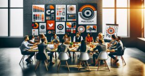 A group of diverse professionals engaged in a meeting around a large table in a stylish, modern office with various effective branding and design elements on the walls.