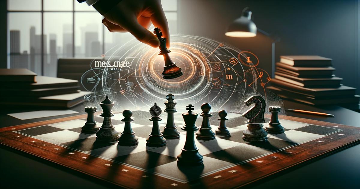 A hand moving a chess piece on a board with mathematical and scientific symbols projected over it in a dark office room, symbolizing effective branding and strategic thinking.