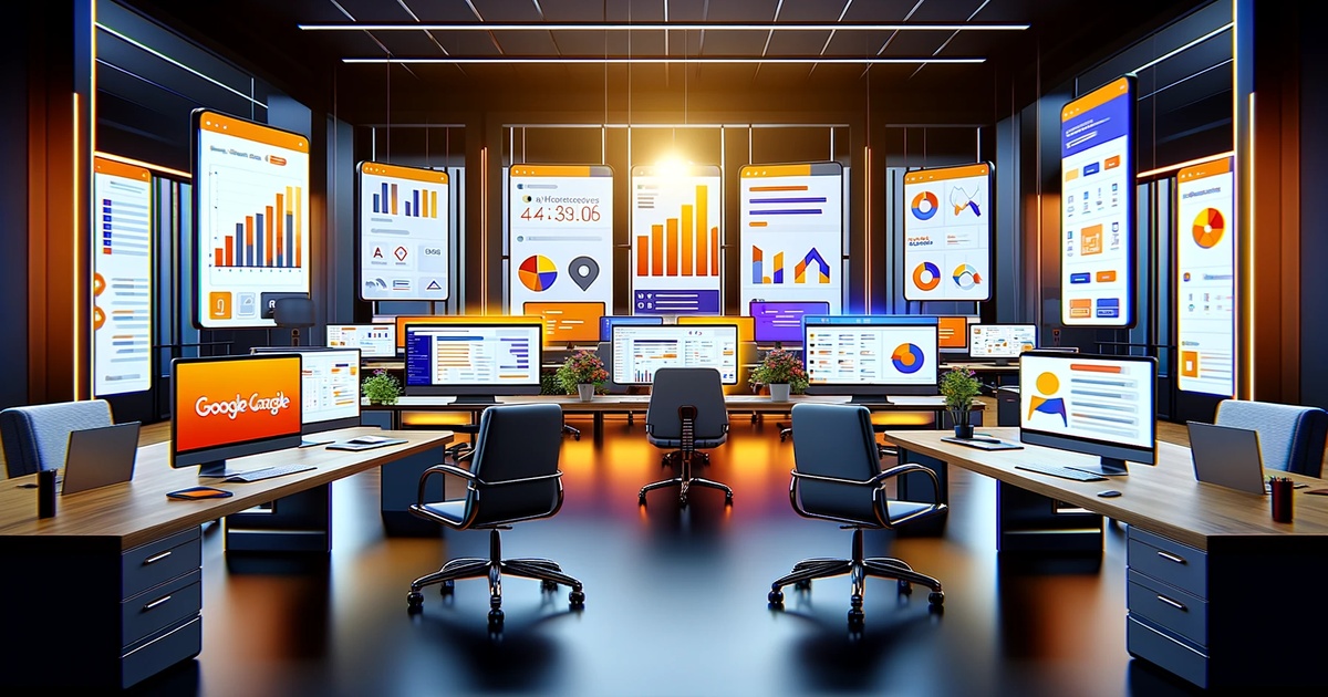 A modern corporate office setup with multiple large screens displaying colorful data charts, graphs, and financial figures from top marketing analytics platforms, surrounded by ergonomic chairs in a well-lit room.