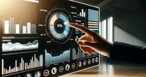 A person in a business suit interacts with a futuristic, holographic interface displaying various graphs and data-driven content, with a focus on a large, central dial showing 99%.