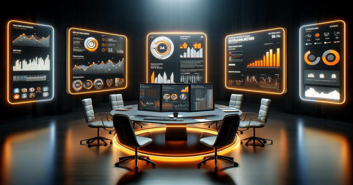 A futuristic conference room featuring a round table with six chairs and multiple interactive digital displays showing various data-driven content and graphs, all in a dark, sleek environment with orange accents.