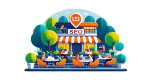 Illustration of a vibrant outdoor cafe with the sign "Local SEO Services" on top. People are dining, and working on laptops amidst green trees. The setting is stylized and colorful, depicting a lively social scene.