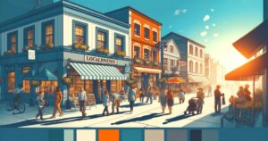 Illustration of a vibrant street scene with diverse people walking, chatting, and cycling. Colorful buildings house businesses like "Local Bennies", which maximize their online presence through local SEO services. The setting reflects a lively, urban atmosphere under a clear sky.