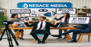 A lively office scene featuring four people. A smiling man in formal attire sits at a desk, engaged with three colleagues holding speech bubble signs. A camera is set up in the foreground, recording the creative video marketing session. The background shows shelves and a "Nesace Media" sign.