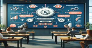 A modern classroom with students seated at desks facing a large, futuristic digital board displaying various educational icons, charts, and data. Two instructors stand near the board, discussing creative campaigns. The room is well-lit with plants on both sides.