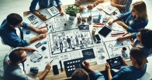 A group of people are gathered around a large table, collaborating on a project. The table is filled with drawings, charts, graphs, and various stationery items related to their captivating video marketing campaign. They appear engaged in discussion and brainstorming, with devices and papers spread out before them.