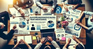 A group of people sits around a wooden table in a meeting room, collaborating on a business project. The table is covered with various documents, graphs, laptops, and data charts related to their captivating video marketing campaign. The atmosphere appears focused and productive.