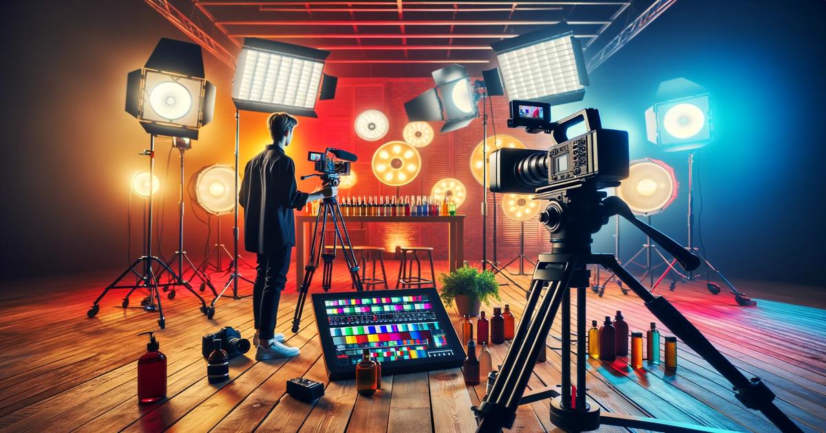 A brightly lit studio buzzes with activity as a person adjusts a camera on a tripod. Multiple cameras, studio lights, and spotlights surround a bar table filled with bottles, all part of an intricate video marketing campaign. A large monitor displaying color bars sits on the floor amid various colored bottles and props.