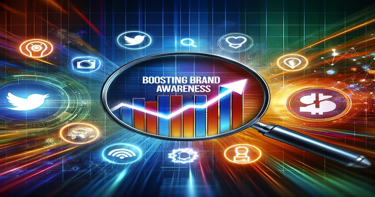 A magnifying glass focuses on a rising bar chart with the text "Ultimate Guide to Boosting Brand Awareness" above it. Surrounding it are colorful icons representing social media, online marketing, and technology on a vibrant, electronic grid background.