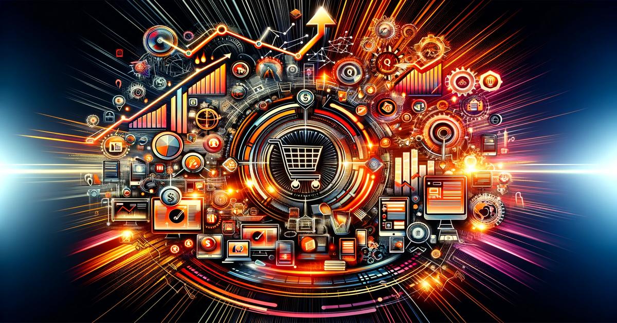 A highly detailed, vibrant digital illustration of a shopping cart surrounded by various icons and charts representing e-commerce data, analytics, and technology. The background features dynamic, colorful lines and bursts of light, symbolizing connectivity and innovation.