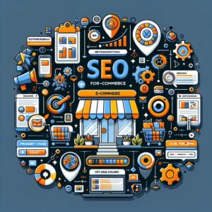 A colorful illustration depicting various SEO strategies for e-commerce. Central to the image is a storefront, surrounded by icons and symbols representing keyword research, content creation, ranking factors, analytics, backlinks, and more, all on a blue background.