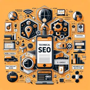 Illustration depicting various elements of technical SEO. Central smartphone displays "Technical SEO" amid icons representing data analysis, mobile-friendly design, structured data, site architecture, e-commerce strategies, and web development tools all against a yellow background.