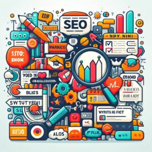 A vibrant, busy illustration filled with colorful icons and graphics related to expert SEO strategies. Elements include graphs, a magnifying glass, chat bubbles, gears, and various other symbols representing data analysis, marketing, and e-commerce success.