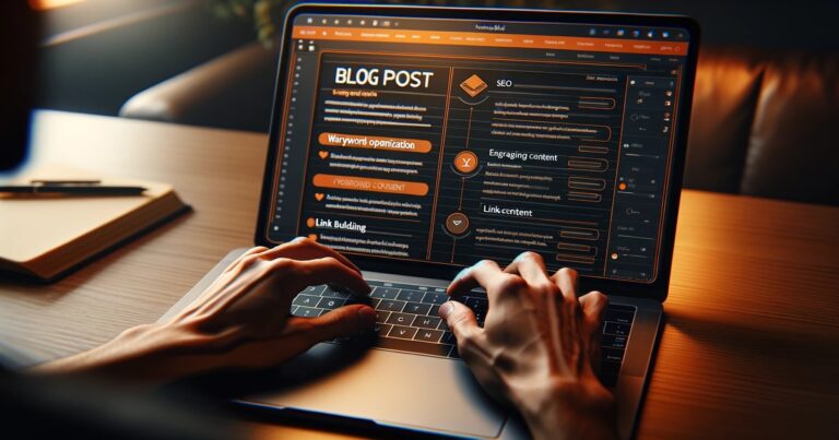 A person's hands typing on a laptop with a screen displaying an ultimate guide for blog content SEO optimization tool interface, highlighting sections like keywords, content structure, and link building.