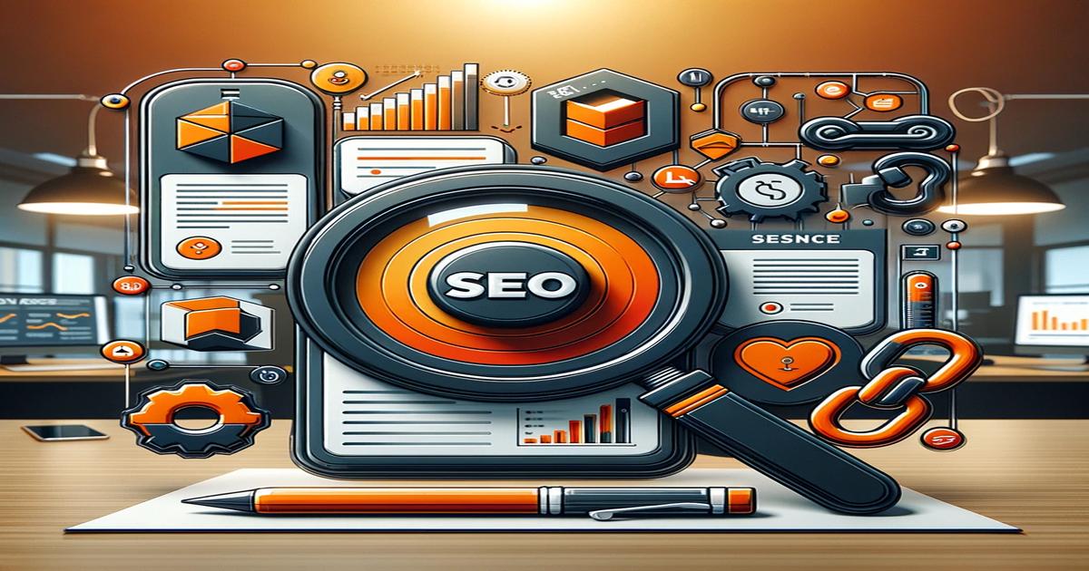 Illustration of a detailed and colorful SEO analytics dashboard featuring charts, graphs, gears, and documents, with a magnifying glass centered over the acronym "SEO" highlighting key factors.